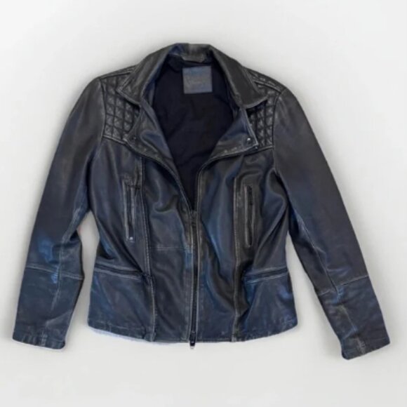 All Saints Mens Leather Jacket CARGO BIKER Black Distressed Sz S Moto City Edgy - Picture 2 of 13